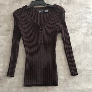 Y2K Its Our Time Henley Top Juniors Medium Brown Ribbed Stretch Grunge Indie